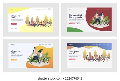 Summer activities set. Athletes running marathon, hiking, riding bike. Flat vector illustrations. Lifestyle, sport, weekend concept for banner, website design or landing web page