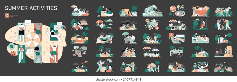 Summer Activities set. A collection of scenes depicting diverse outdoor and leisure activities during the summertime. Vacation, relaxation, and hobbies. Vector illustration.