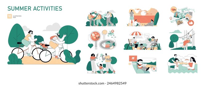 Summer Activities set. Families and individuals engaging in outdoor leisure activities during summer. Cycling, hiking, eating, reading, photography, and fishing. Vector illustration.