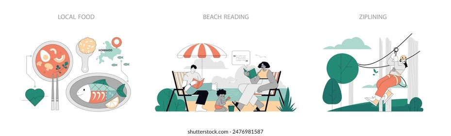 Actividades de verano. Ilustra disfrutar de la cocina local, relajarse con un libro en la playa, y aventurero tirolesa en la naturaleza. Ilustración vectorial.