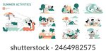 Summer Activities set. Illustration series captures leisure moments, from beach relaxation to camping fun. Tropical vacations, family picnics, and water sports. Vector illustration.