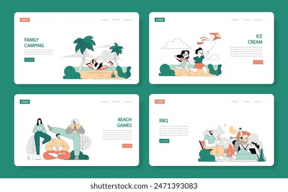 Summer Activities set. Leisure moments of family camping, kite flying, beach games, and barbecue. Outdoors enjoyment with loved ones. Vector illustration.