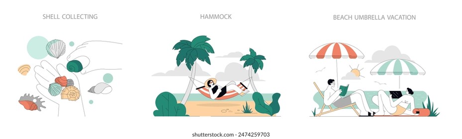 Actividades de verano. Momentos de ocio con recogida de conchas, descansar en una hamaca y relajarse bajo una sombrilla de playa. Escenas de relajación costera. Ilustración vectorial.