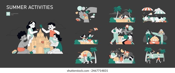 Summer Activities set. Leisure scenes from beach sandcastle building to relaxing hammock siestas and fun volleyball games. Seasonal enjoyment and outdoor recreation. Vector illustration.