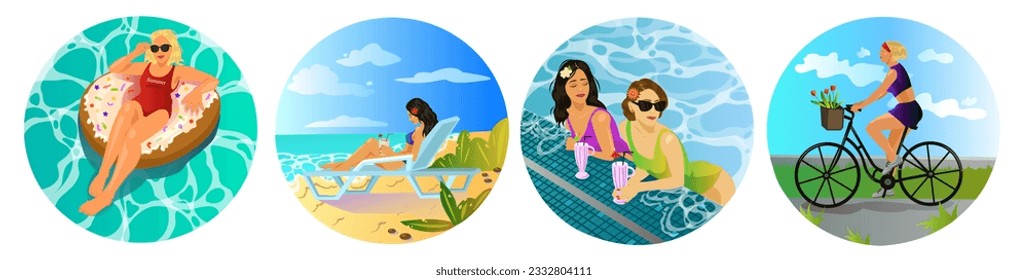 Summer activities set. Ocean beach cartoon travel. Girl character outdoor leisure. Vacation, holiday rest. Travel resort. Young sunbathing people. Happy active tourism. Vector illustration.