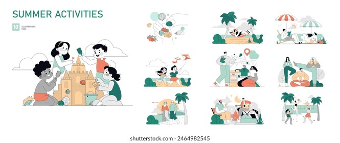 Summer Activities set. People enjoying beach, nature, and outdoor leisure activities in warm weather. Vector illustration.