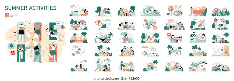 Summer Activities set. People enjoying diverse outdoor leisure activities on sunny days. Beach relaxation, camping, surfing, and picnics. Vector illustration.