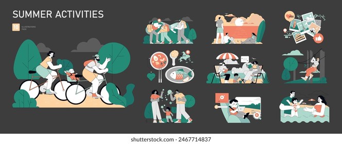 Summer Activities set. People enjoying cycling, hiking, eating, and digital entertainment. Leisure moments captured in modern life. Vector illustration.