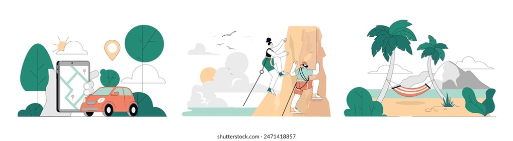 Summer Activities set. Road trip navigation, serene beach scene, and an adventurous couple rock climbing. Exploring, relaxation, and action in nature. Vector illustration.