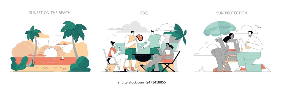 Summer Activities set. A trio of illustrations depicting leisure scenes: a beach sunset, a friendly BBQ, and sun protection. Relaxed vacation and social gathering moments. Vector illustration.