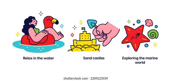 Summer activities and vacation concept illustrations. Collect shells, Sunbathing, Yummy ice-cream. Relax in the water, Sand castles, Exploring the marine world. Visual stories collection