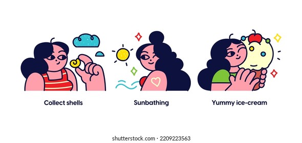 Summer activities and vacation concept illustrations. Collect shells, Sunbathing, Yummy ice-cream. Visual stories collection