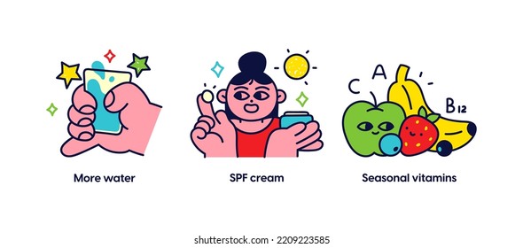 Summer activities and vacation concept illustrations. More water, SPF cream, Seasonal vitamins. Visual stories collection