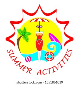 Summer activities vector banner design with white circle for text and colorful beach elements in white background. Vector illustration. - Vector