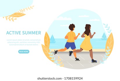 Summer activities vector design with young couple skating, a young boy and girl, roller skating on a waterfront promenade