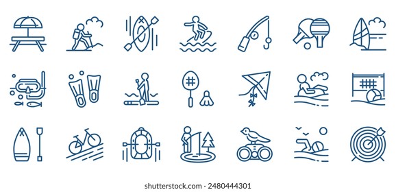 Summer Activities Vector Icons Set. Picnic, Hiking, Kayaking, Surfing, Snorkeling, Fishing, Paddle boarding, Kite Flying, Beach Volleyball, and More. Editable Linear Collection.