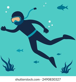 Summer activity, cartoon drawing young man is scuba diving and snorkeling. Vector illustration 