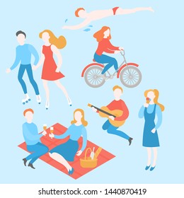 Summer activity. Cartoon people in park eating, riding, swimming, playing guitar, having picnic and ice-cream. Flat couple outdoor vector illustration