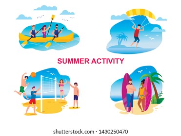 Summer Activity Cartoon Set with Resting People. Tourists Rowing, Parasailing, Playing Beach Volleyball, Ready to Catch Wave on Surfboard. Vector Flat Illustration. Vacation on Tropical Island