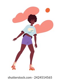 Concepto de actividad de verano. Vida activa y ocio al aire libre. Mujer en patines de ruedas. Elemento gráfico para el sitio web. Ilustración plana del vector de la historieta aislada sobre fondo blanco