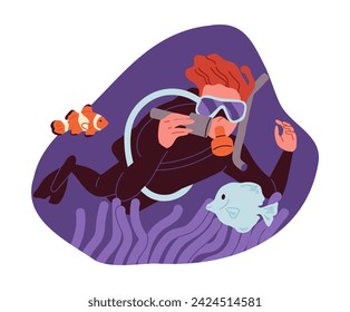 Summer activity concept. Active lifestyle and leisure outdoor. Man diving. Extreme sports. Sticker for social networks. Cartoon flat vector illustration isolated on white background