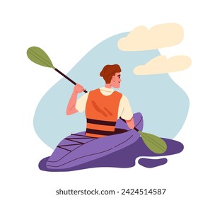 Summer activity concept. Active lifestyle and leisure outdoor. Man at canoe. Extreme sports. Graphic element for website. Cartoon flat vector illustration isolated on white background