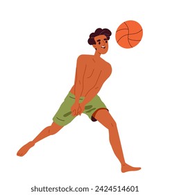 Summer activity concept. Active lifestyle and leisure outdoor. Man play at beach voleyball. Graphic element for website. Cartoon flat vector illustration isolated on white background