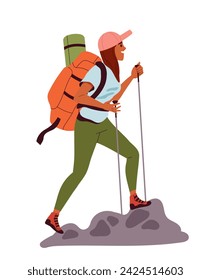 Summer activity concept. Active lifestyle and leisure outdoor. Woman with backpack at nature. Hiking and camping. Poster or banner. Cartoon flat vector illustration isolated on white background