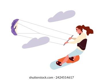 Sommeraktivitätskonzept. Aktiver Lifestyle und Freizeit im Freien. Frau am Surfbrett mit Paragleiter. Poster oder Banner. Cartoon flache Vektor-Illustration isoliert auf weißem Hintergrund