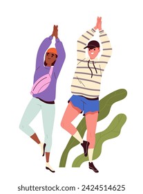 Concepto de actividad de verano. Vida activa y ocio al aire libre. Mujer y hombre practican yoga. Afiche o banner para el sitio web. Ilustración plana del vector de la historieta aislada sobre fondo blanco