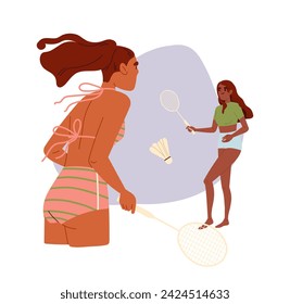 Summer activity concept. Active lifestyle and leisure outdoor. Two women play in badminton. Graphic element for website. Cartoon flat vector illustration isolated on white background