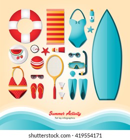 Summer activity, flat lay infographics. Summer sports and recreation. Surfing, diving, badminton, swimming, relaxing on the beach. It can be used in advertising, web design, graphic design.