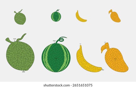 Verão atividade labirintos de frutas definir coleção livro modelo de design interior