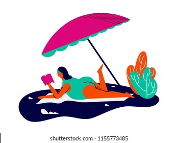 Summer activity, girl in bikini reading book on the beach