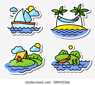 Summer activity icons set in simple thin style with fishing, yachting, relaxing and camping. Yacht on the waves, camping tent, island with palms and hummock, fishing pool and pier. Vector illustration