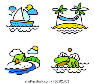 Summer activity icons set in simply thin style with fishing, yachting, relaxing and camping people
