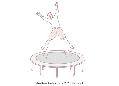 Atividade de verão e conceito de lazer. Sorrindo animado menino personagem de desenho animado pulando em trampolim ao ar livre sentindo ilustração vetor lúdico