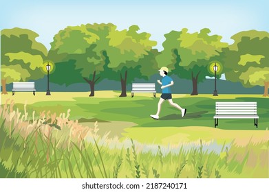 Summer activity : A man is jogging in the green city park