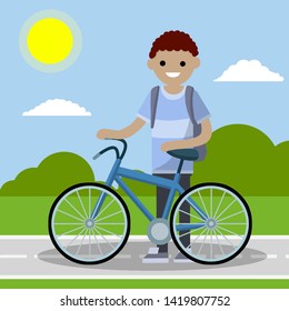 Summer activity. man riding bike in nature Park. bicycle on road with guy with backpack. Healthy lifestyle. Cartoon flat illustration. Hobbies and sports.