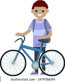Summer activity. Man riding bike. bicycle for road with guy with backpack. Hobbies and sports. Healthy lifestyle. Cartoon flat illustration. Summer season, movement and pastime. Urban transport.