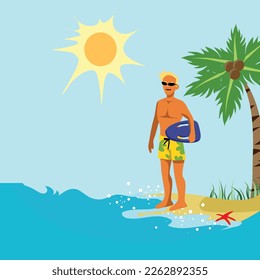 Summer activity. Man and surfboard. Summertime and Vacation. Vector Flat file.