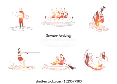 Summer activity - people doing water activities surfing, water skiing, sailing, riding banana and boat in summer vector concept set. Hand drawn sketch isolated illustration