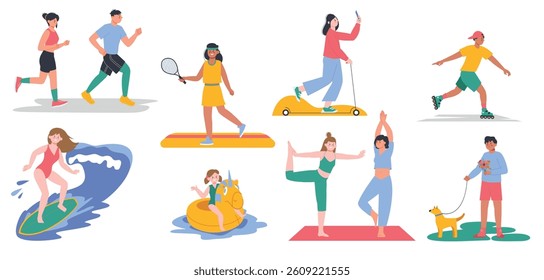 Summer activity. People walking, running in park, swimming and surfing in sea or ocean. Happy adults and children, outside splendid vector scenes
