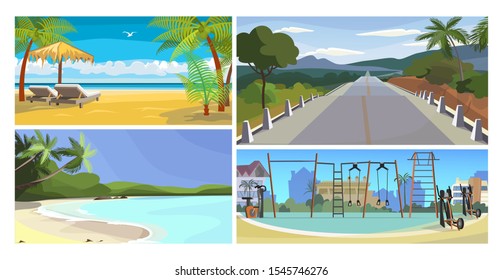 Summer activity places illustration set. Tropical beach, seaside, country road, sport ground. Vacation concept