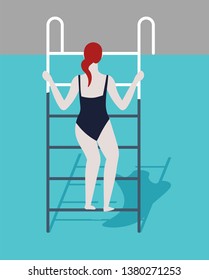 Summer activity public swimming pool woman in swimsuit on ladder vector swimmer water sport and swimwear girl climbing recreation and leisure pastime female character back view standing on step