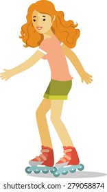 Summer activity roller skates concept with smiling beautiful girl riding roller skates in flat style isolated on white background