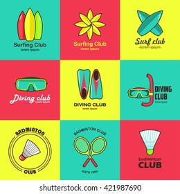 Summer activity set of flat logos. Summer sports: surfing, diving, badminton. It can be used in advertising, web design, graphic design.