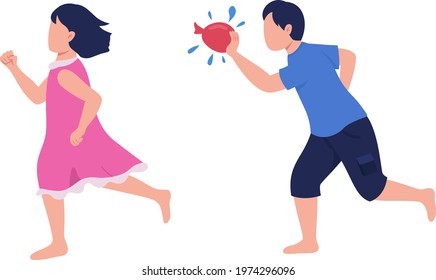 Summer activity for sibling bonding flat color vector faceless characters. Playing together on backyard with water balloons isolated cartoon illustration for web graphic design and animation