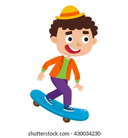 Summer activity skateboarding concept. Vector illustration of skateboarder boy riding on skateboard in cartoon style isolated on white background. Summer break, boy having free time. Happy child.