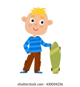 Summer activity skateboarding concept. Vector illustration of skateboarder boy stand with skateboard in cartoon style isolated on white background. Summer break, boy having free time. Happy child.